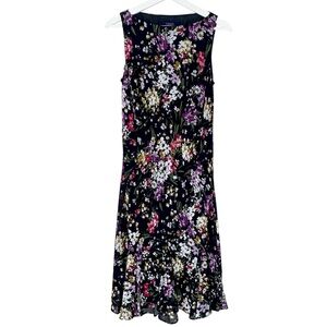 CHAPS Dress Midi Lined Chiffon Sleeveless Boat Neck Black Floral Women Size 10